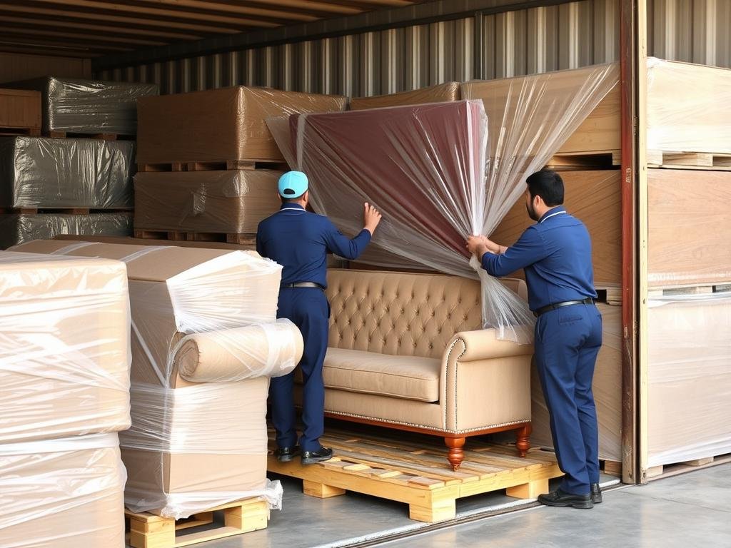 عملية تغليف الأثاث قبل نقله بسيارات مخصصة للعفش داخل جدة