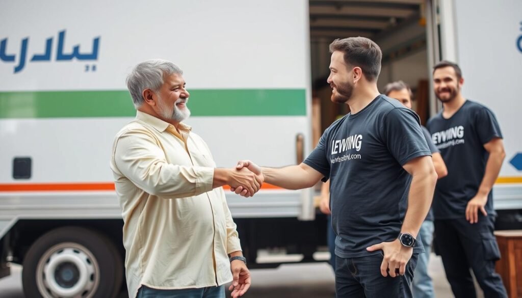 عميل راضٍ يتحدث مع فريق الشركة العربية بعد إتمام عملية نقل عفش داخل أحياء جدة