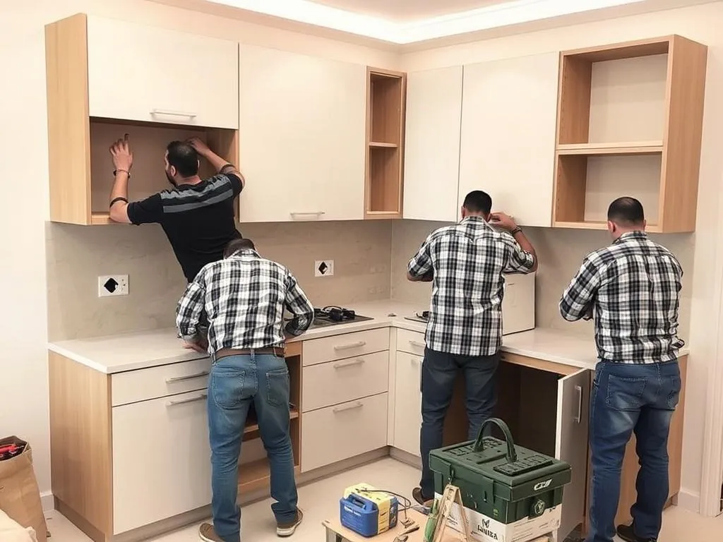 فريق الشركة العربية أثناء تركيب المطابخ في جدة فريق الشركة العربية أثناء تركيب المطابخ في جدة
