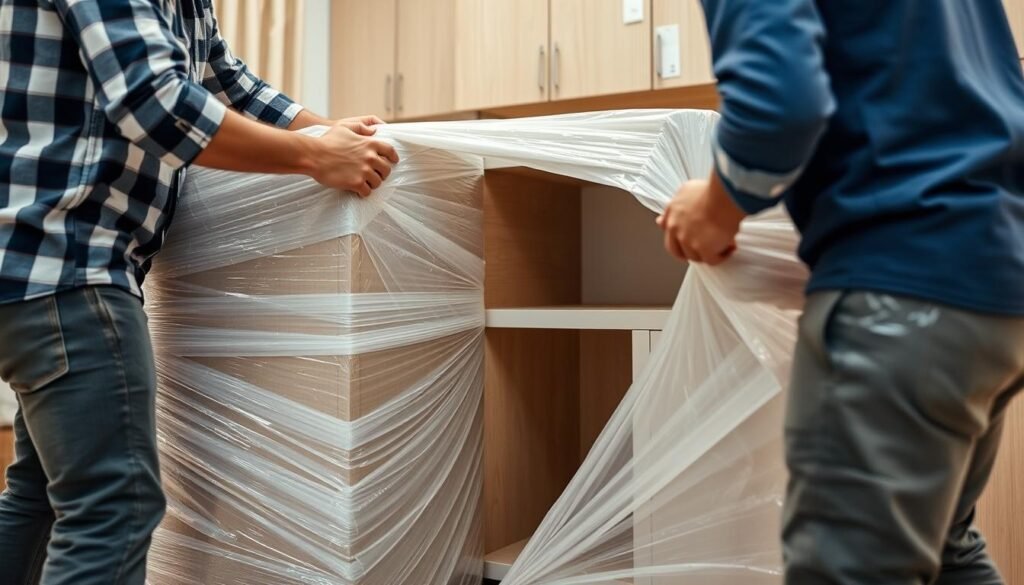 فريق الشركة العربية أثناء تغليف الأثاث بمواد عالية الجودة