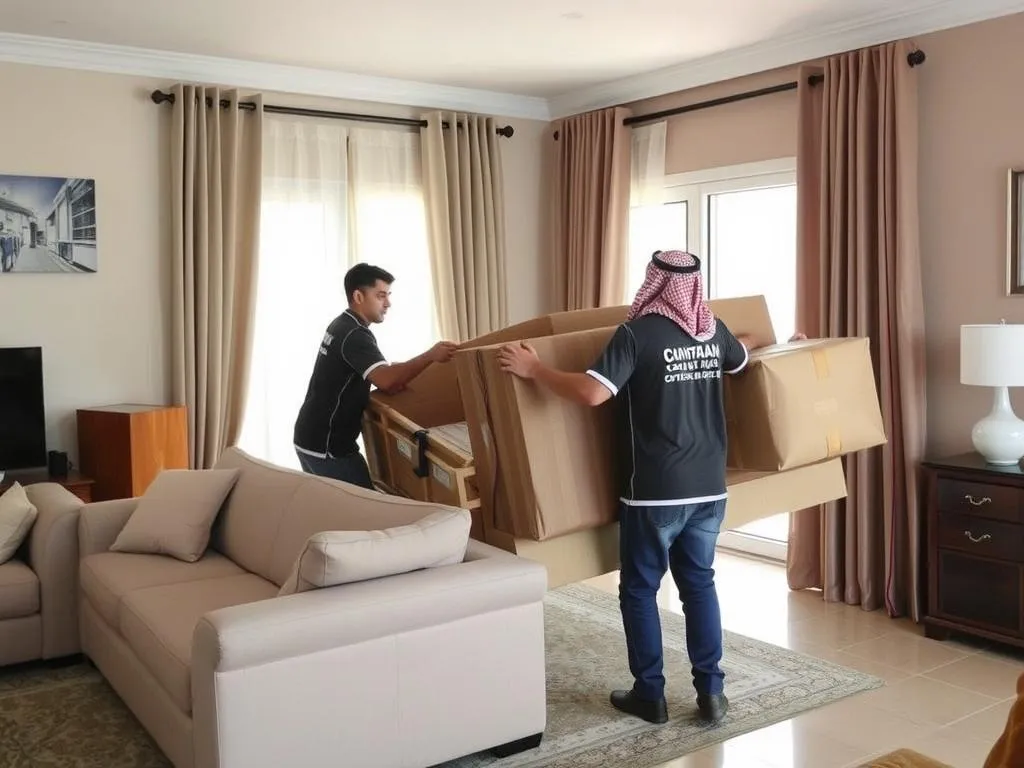 فريق الشركة العربية أثناء عملية نقل أثاث في جدة فريق الشركة العربية أثناء عملية نقل أثاث في جدة