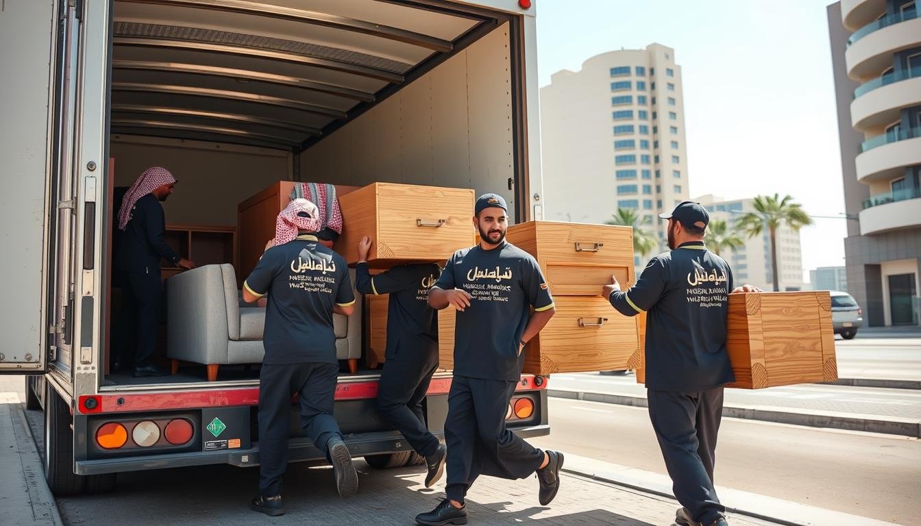 فريق الشركة العربية لنقل العفش بجدة يقوم بتحميل الأثاث بسرعة واحترافية