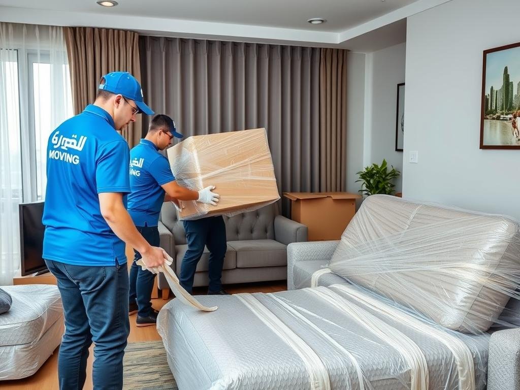 فريق الشركة العربية يقوم بتغليف أثاث منزلي بعناية قبل نقله داخل أحياء جدة