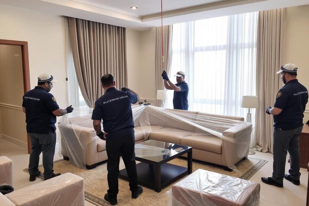 فريق الشركة العربية يقوم بتغليف وتجهيز الأثاث للنقل بالرافعات في جدة