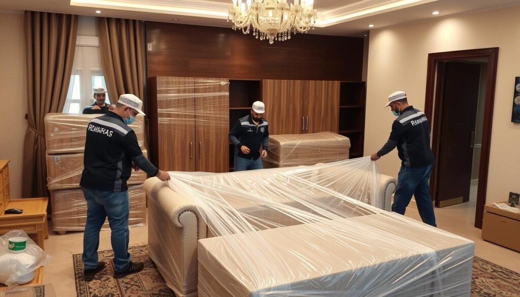 فريق الشركة العربية يقوم بتغليف وتحميل أثاث شقة كبيرة في جدة