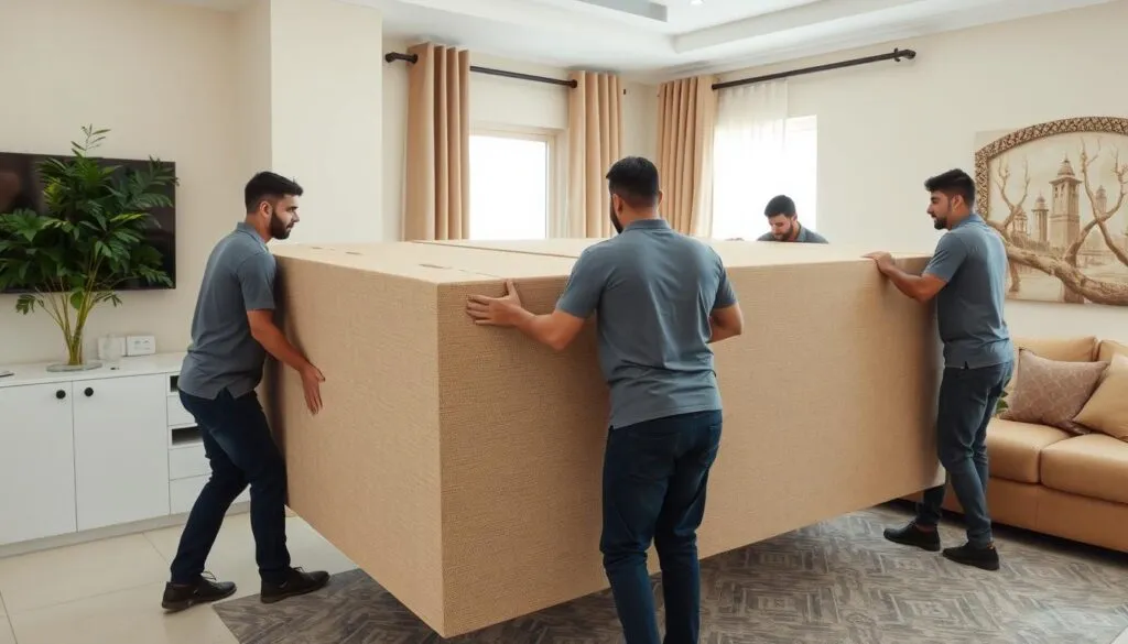 فريق عمل الشركة العربية لنقل العفش في جدة أثناء عملية نقل أثاث