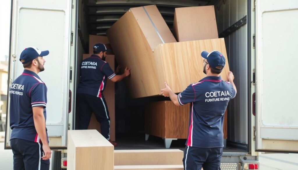 فريق عمل شركة نقل عفش من مكة إلى جدة الجديدة أثناء العمل