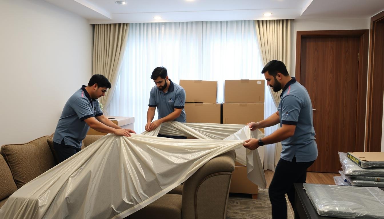 فريق متخصص في خدمة نقل شقق داخل جدة يقوم بتغليف الأثاث بعناية