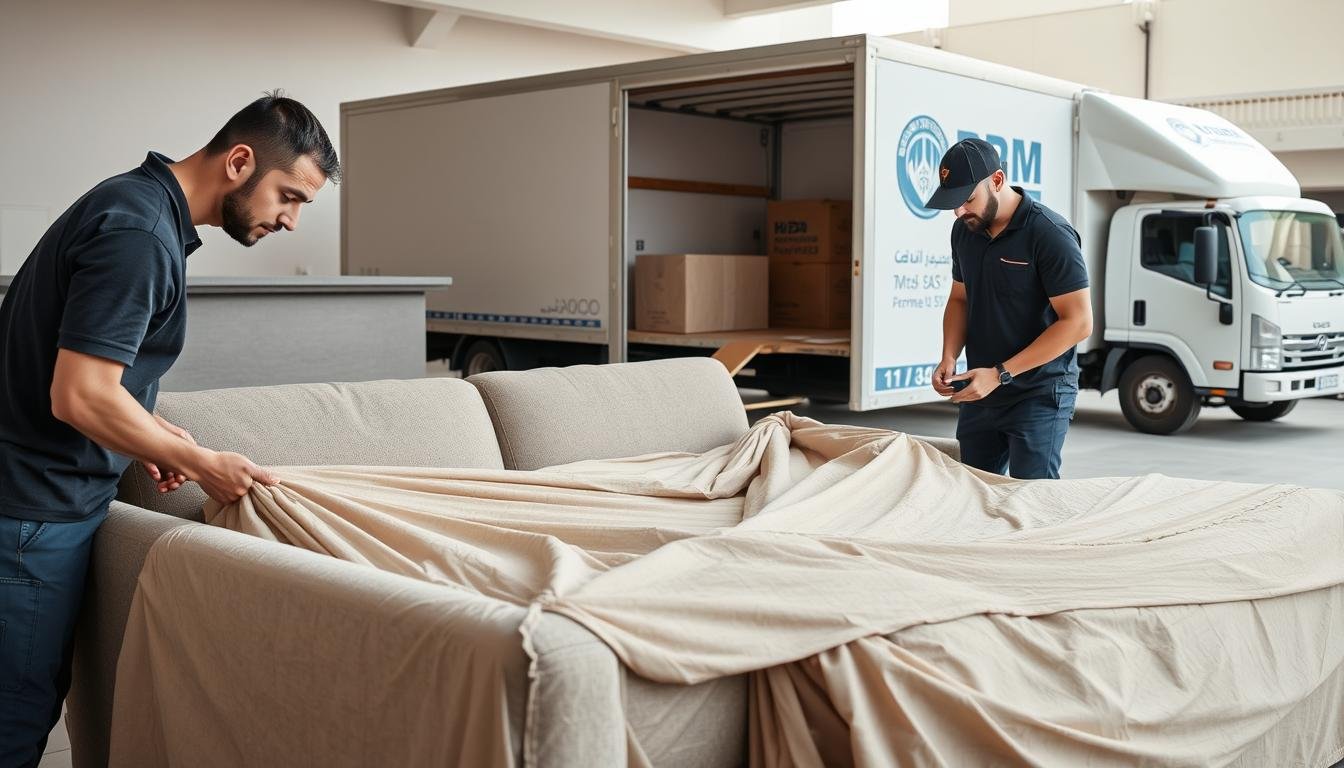 فريق متخصص في نقل عفش بجدة يقوم بتغليف أثاث منزلي بعناية