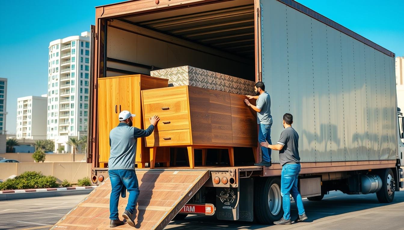 فريق متخصص في نقل عفش من الجبيل إلى الجش يقوم بتحميل الأثاث بعناية