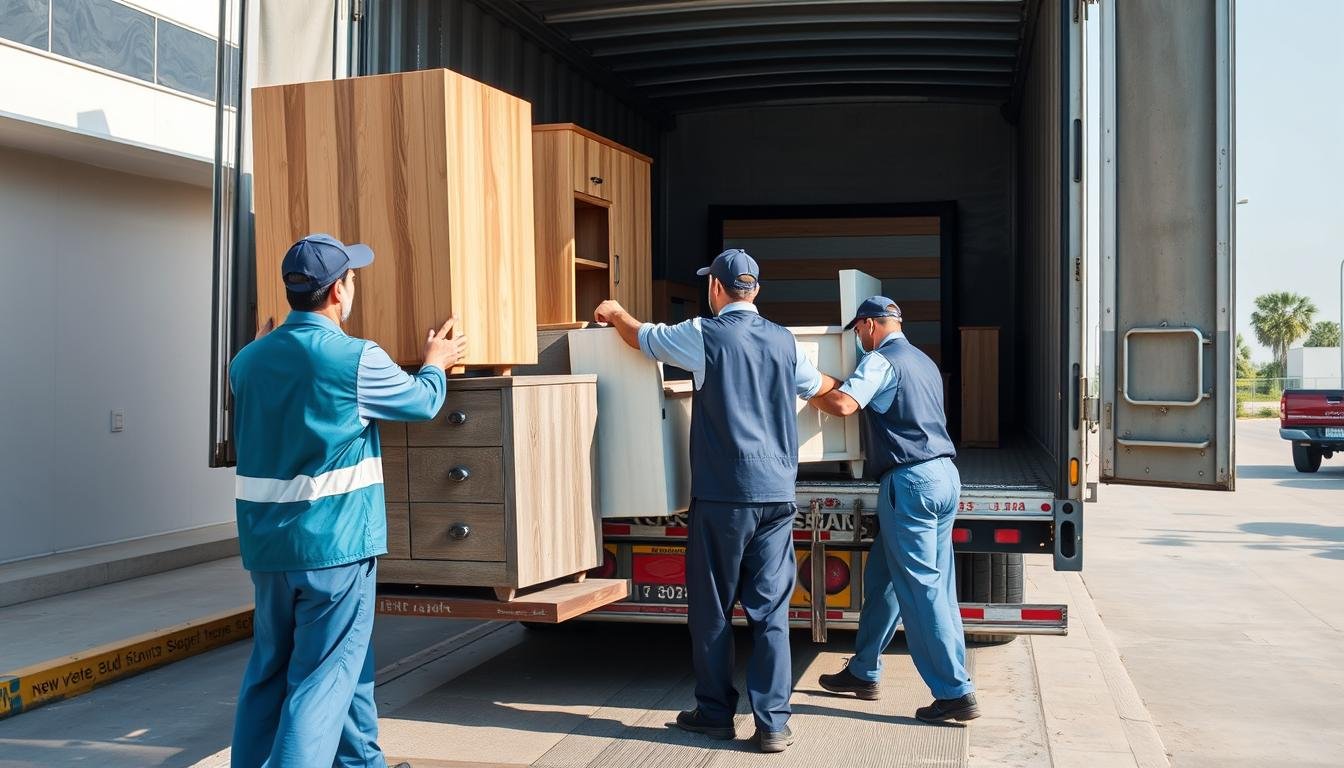 فريق متخصص في نقل عفش من الجبيل إلى السيهات يقوم بتحميل الأثاث بعناية