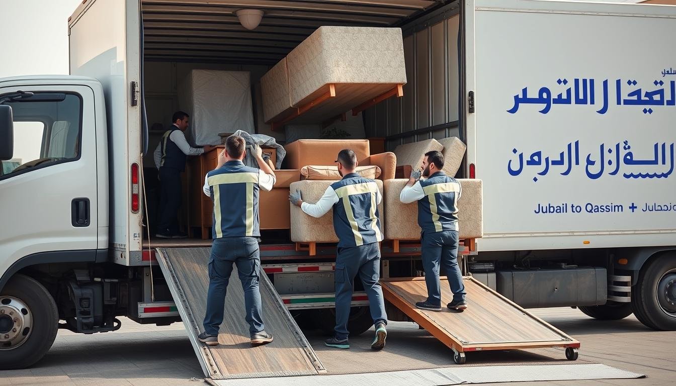 فريق متخصص في نقل عفش من الجبيل إلى القصيم يقوم بتحميل الأثاث بعناية