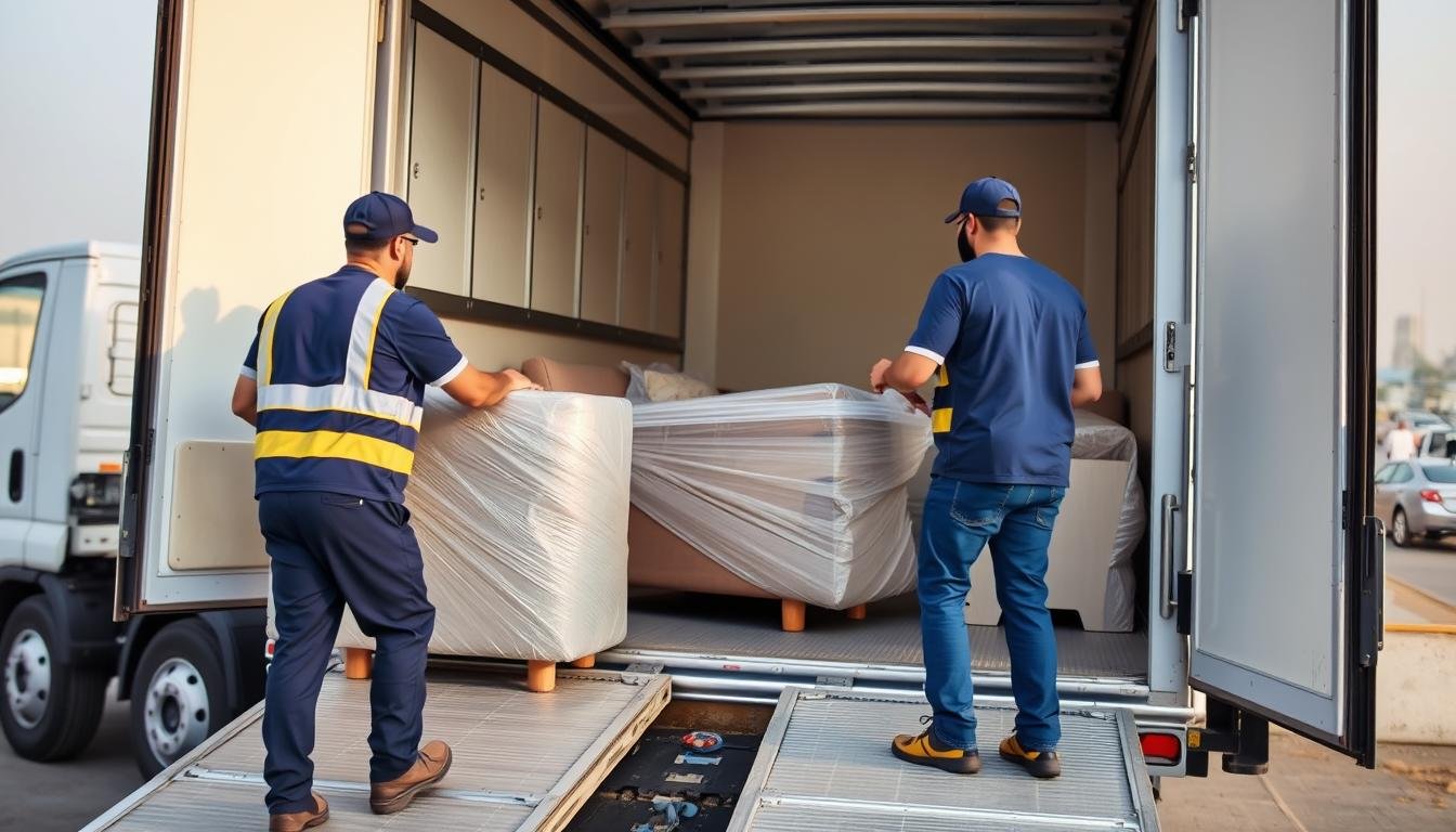 فريق متخصص في نقل عفش من الجبيل إلى الكامل يقوم بتحميل الأثاث بطريقة احترافية