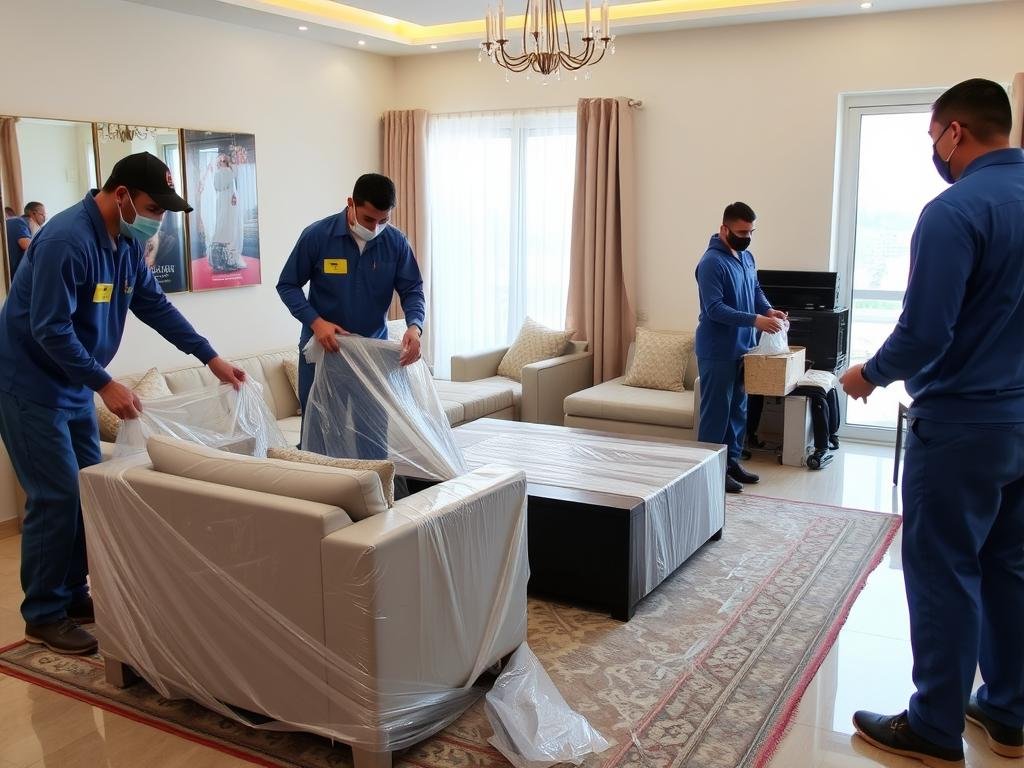 فريق متخصص في نقل عفش من الجبيل إلى جدة يقوم بتغليف الأثاث بعناية