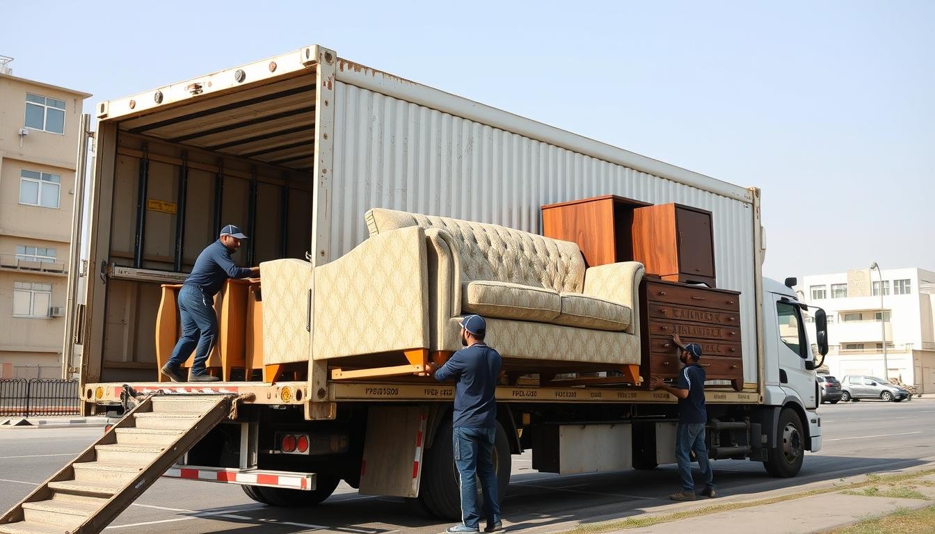 فريق متخصص في نقل عفش من مكة إلى الليث يقوم بتحميل الأثاث