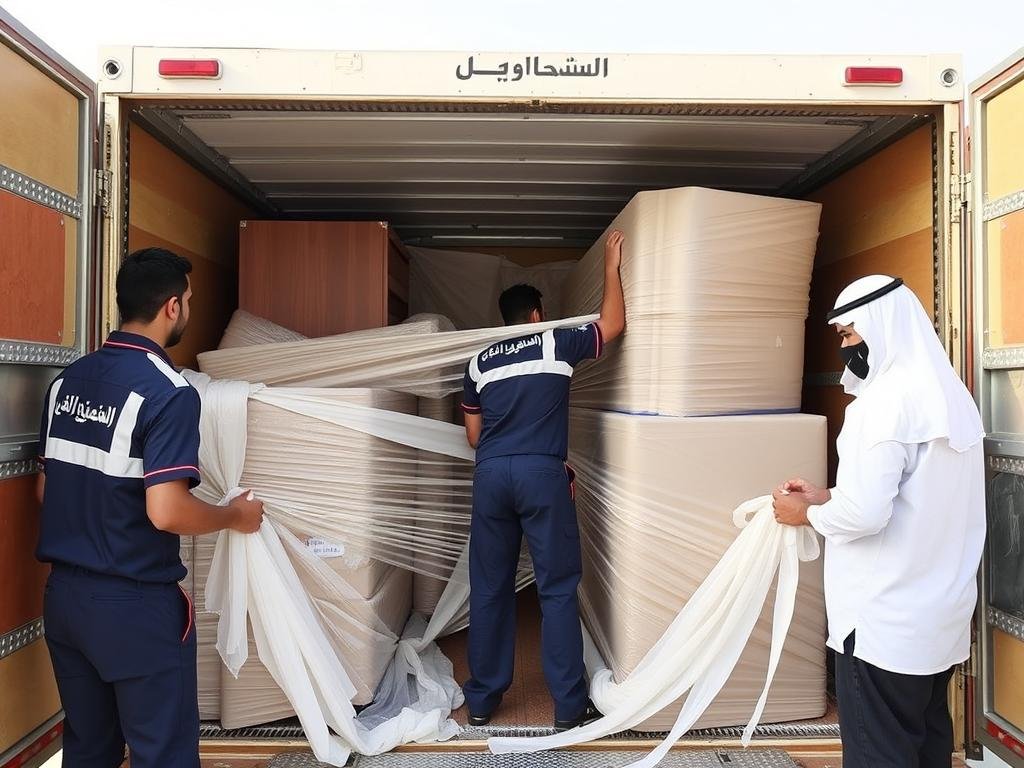 فريق متخصص في نقل عفش من مكة إلى بريدة يقوم بتغليف الأثاث