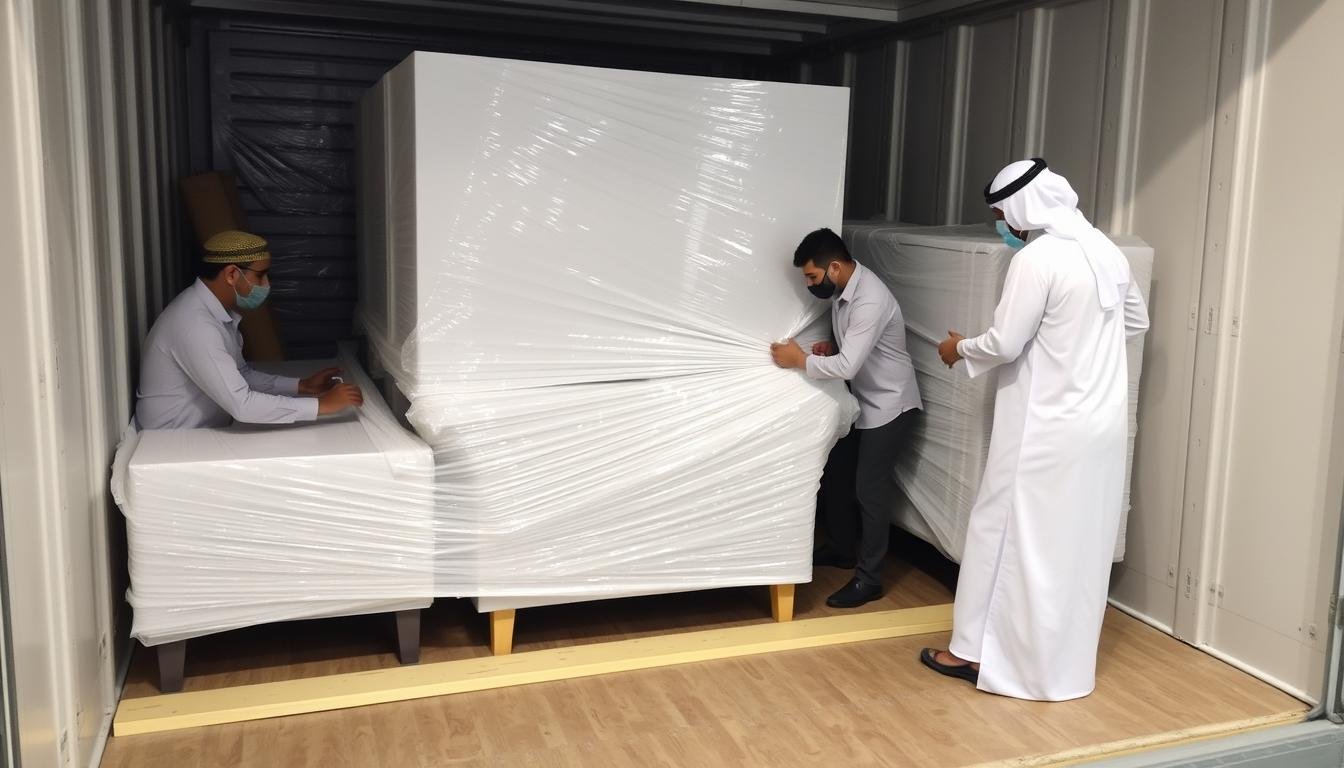 فريق متخصص في نقل عفش من مكة إلى تبوك يقوم بتغليف الأثاث بعناية