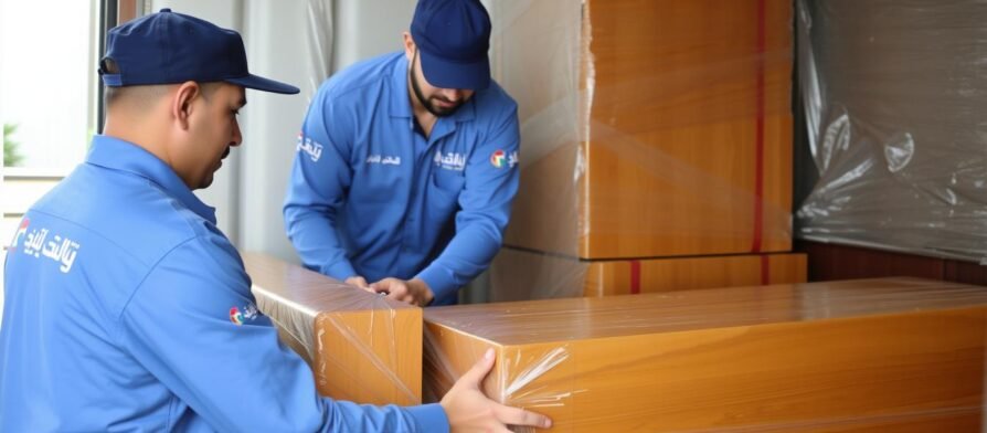 فريق متخصص في نقل عفش من مكة إلى جدة يقوم بتغليف الأثاث بعناية