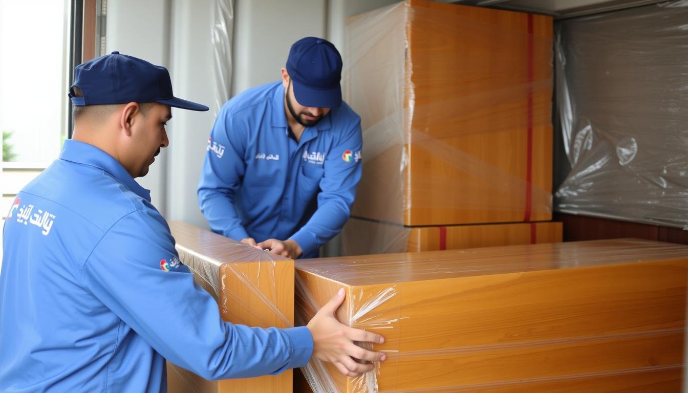فريق متخصص في نقل عفش من مكة إلى جدة يقوم بتغليف الأثاث بعناية