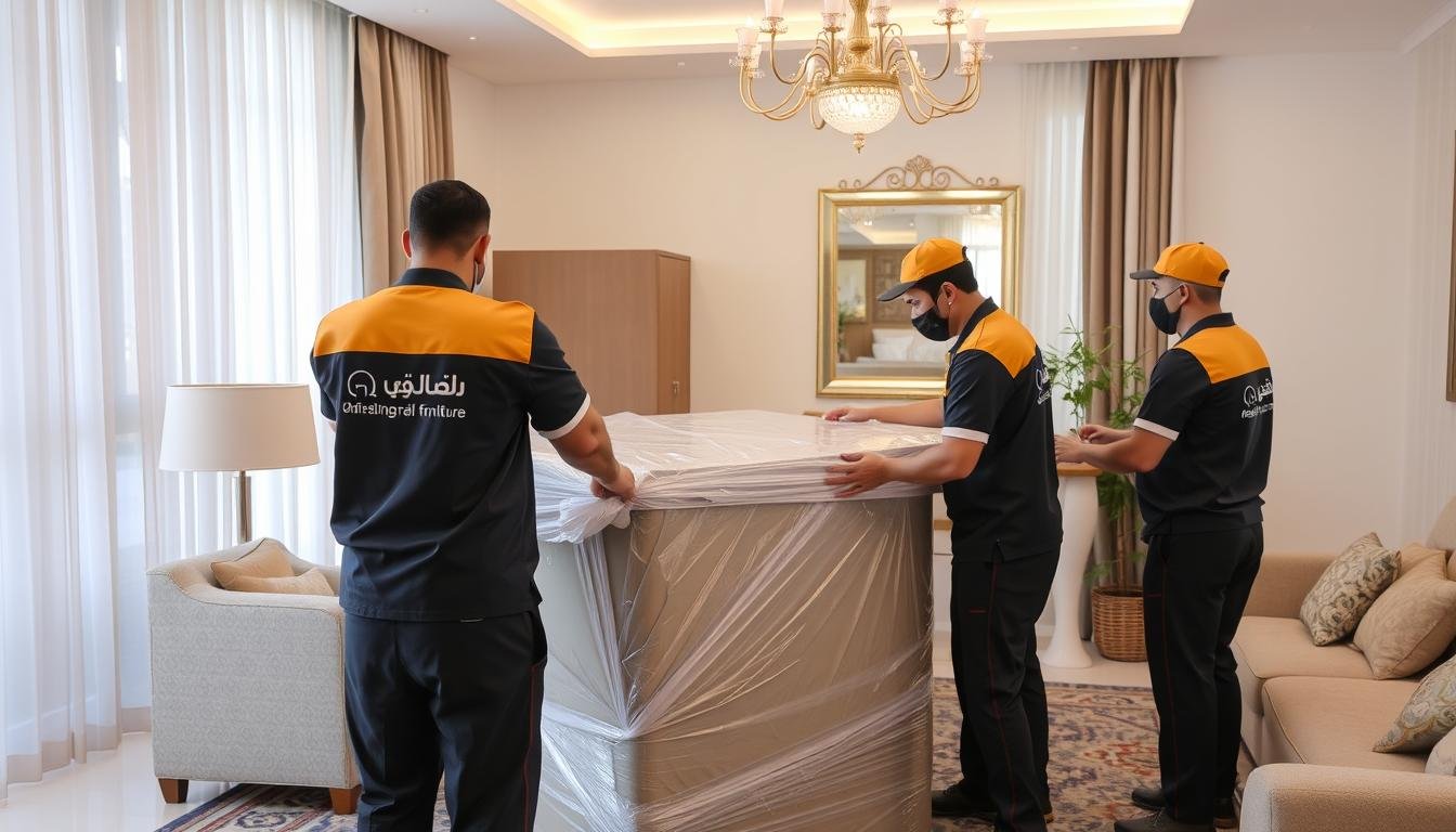 فريق متخصص من الشركة العربية لنقل أثاث بجدة يقوم بتغليف وتحميل الأثاث بطريقة احترافية