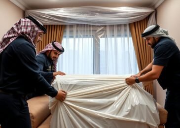 فريق متخصص من الشركة العربية لنقل عفش بجدة يقوم بتغليف وحماية الأثاث المنزلي