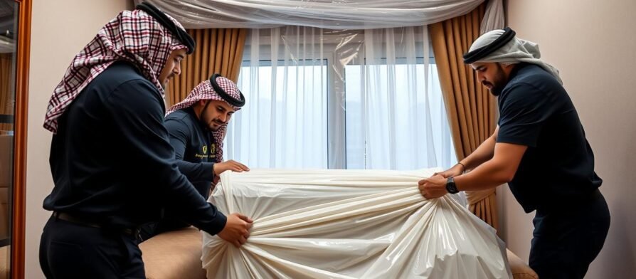 فريق متخصص من الشركة العربية لنقل عفش بجدة يقوم بتغليف وحماية الأثاث المنزلي