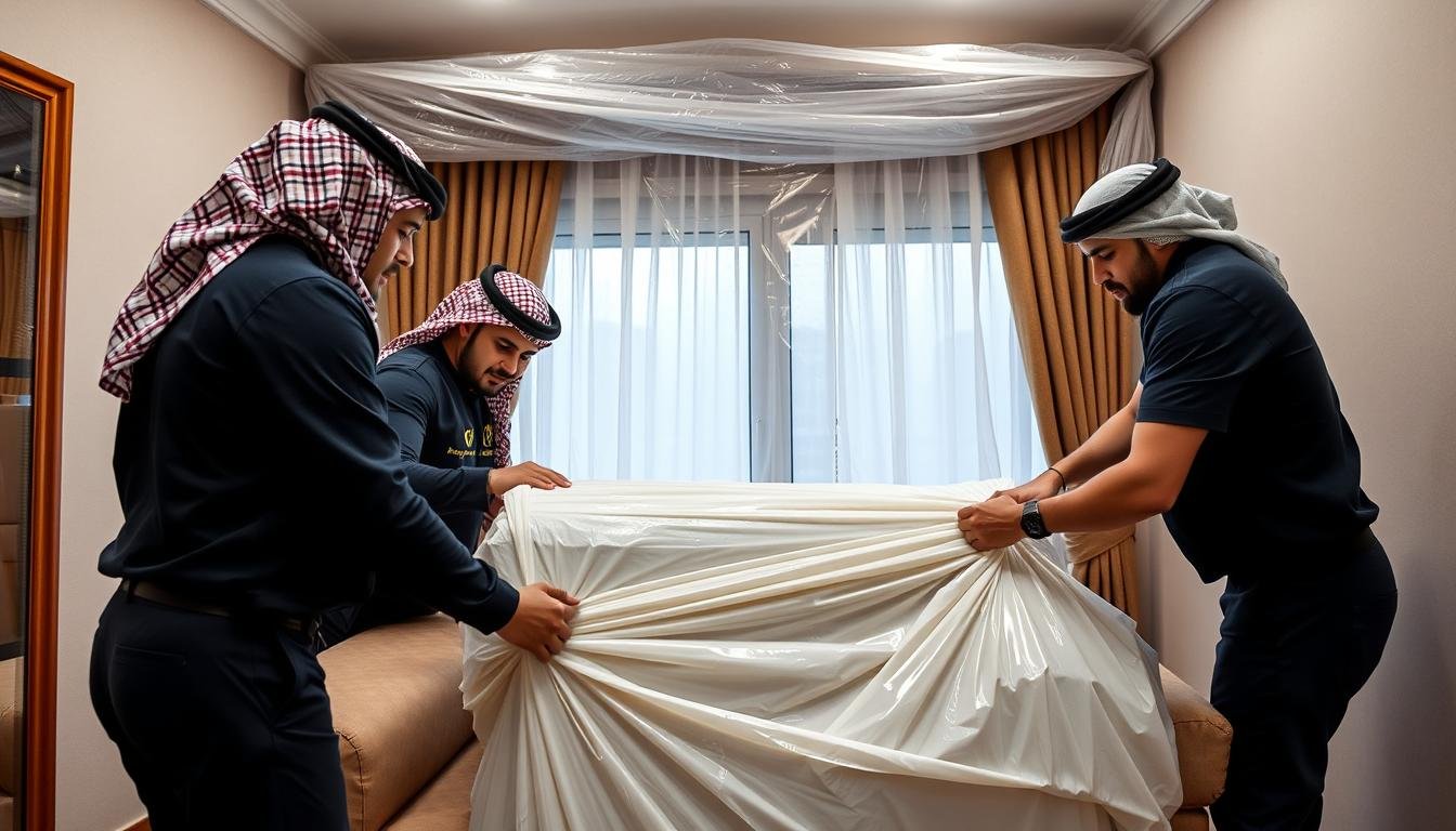 فريق متخصص من الشركة العربية لنقل عفش بجدة يقوم بتغليف وحماية الأثاث المنزلي