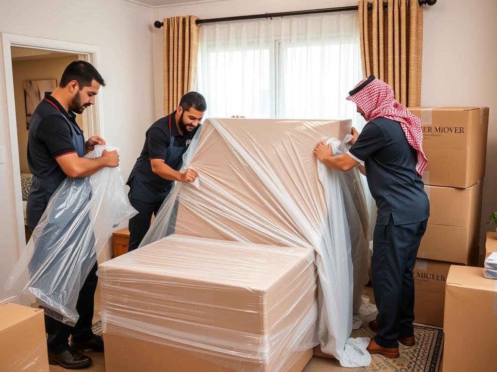 فريق متخصص يقوم بتغليف الأثاث بعناية لنقله من الجبيل إلى الوجه فريق متخصص يقوم بتغليف الأثاث بعناية لنقله من الجبيل إلى الوجه