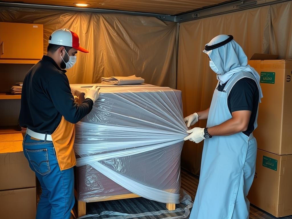 فريق محترف يقوم بتغليف الأثاث بعناية قبل نقل عفش من مكة إلى أبها