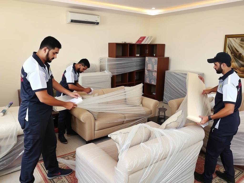 فريق محترف يقوم بتغليف الأثاث بعناية قبل نقله من الجبيل إلى تبوك