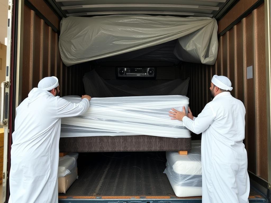 فريق محترف يقوم بتغليف الأثاث بعناية قبل نقله من الجبيل إلى رأس الخير