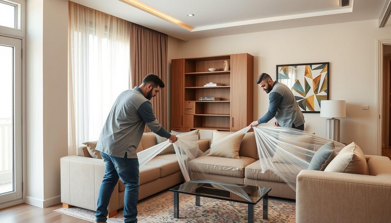 فريق نقل أثاث داخل جدة من الشركة العربية يقوم بتغليف الأثاث بعناية