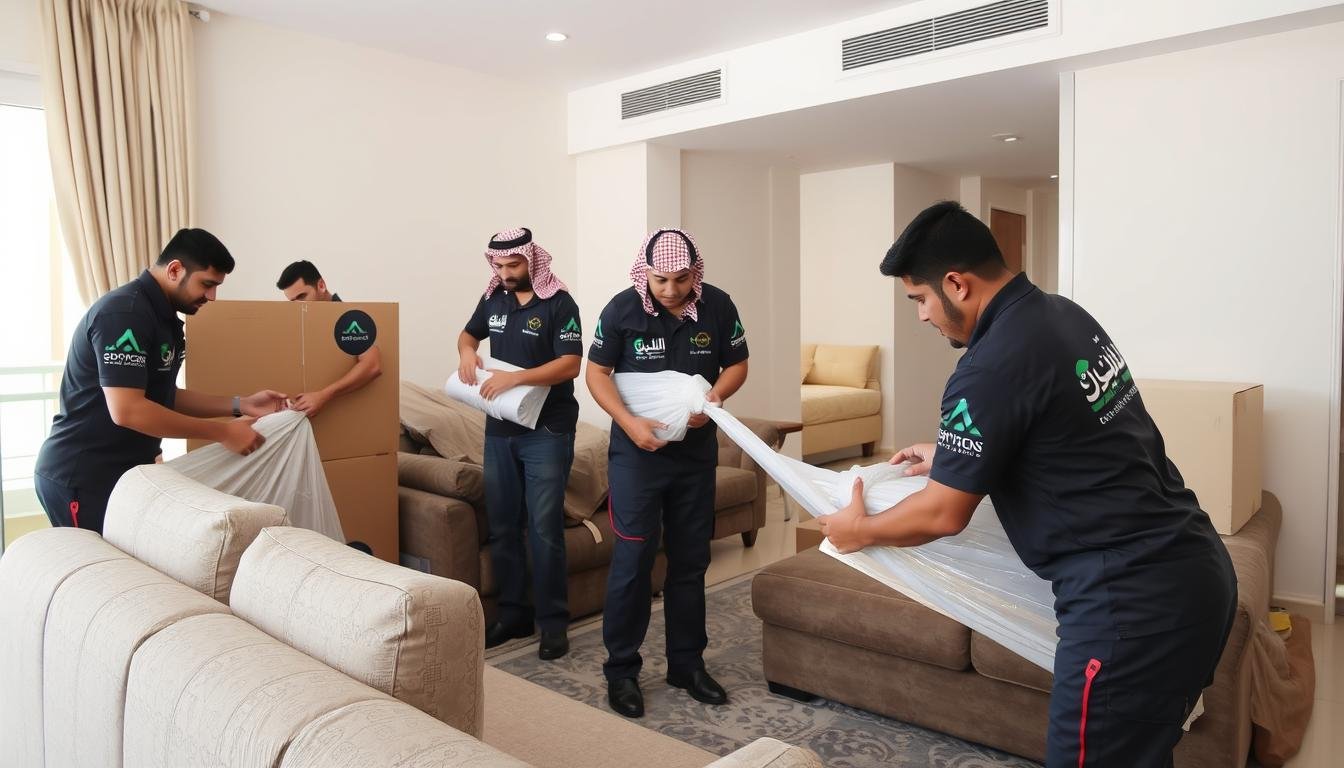 فريق نقل عفش داخلي داخل جدة مع خدمة التركيب يقوم بتغليف الأثاث بعناية