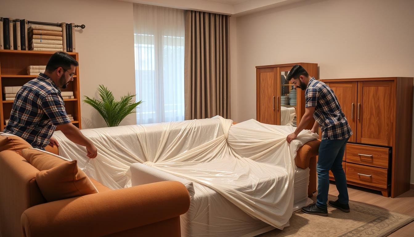 فريق نقل عفش في جدة يقوم بتغليف أثاث منزلي بطريقة احترافية