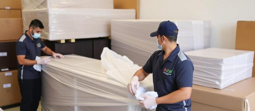 فريق نقل عفش في جدة يقوم بتغليف الأثاث بعناية