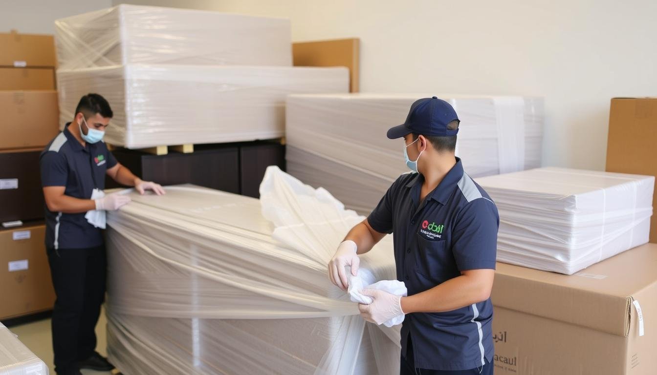 فريق نقل عفش في جدة يقوم بتغليف الأثاث بعناية