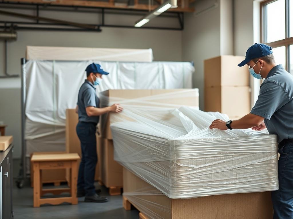 فريق نقل عفش محترف يقوم بتغليف الأثاث بعناية