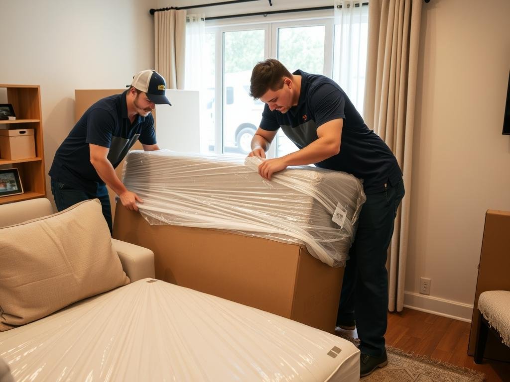 فريق نقل عفش محترف يقوم بتغليف الأثاث بعناية