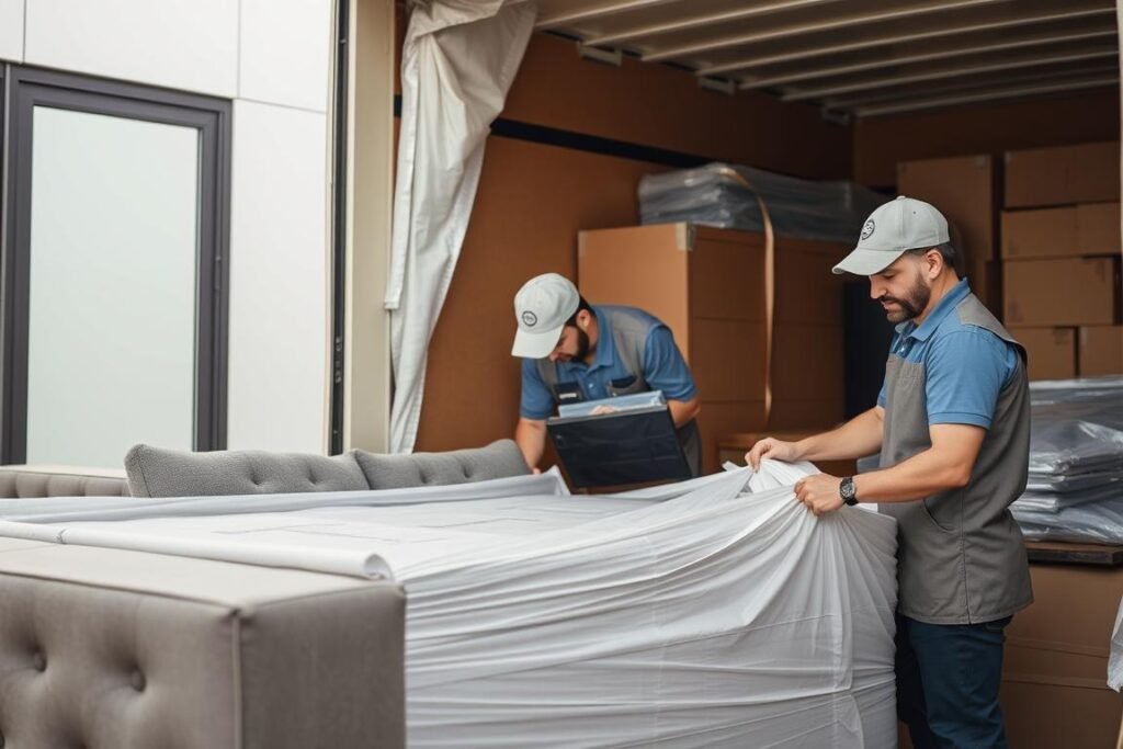 فريق نقل عفش من مكة إلى الرياض يقوم بتغليف الأثاث