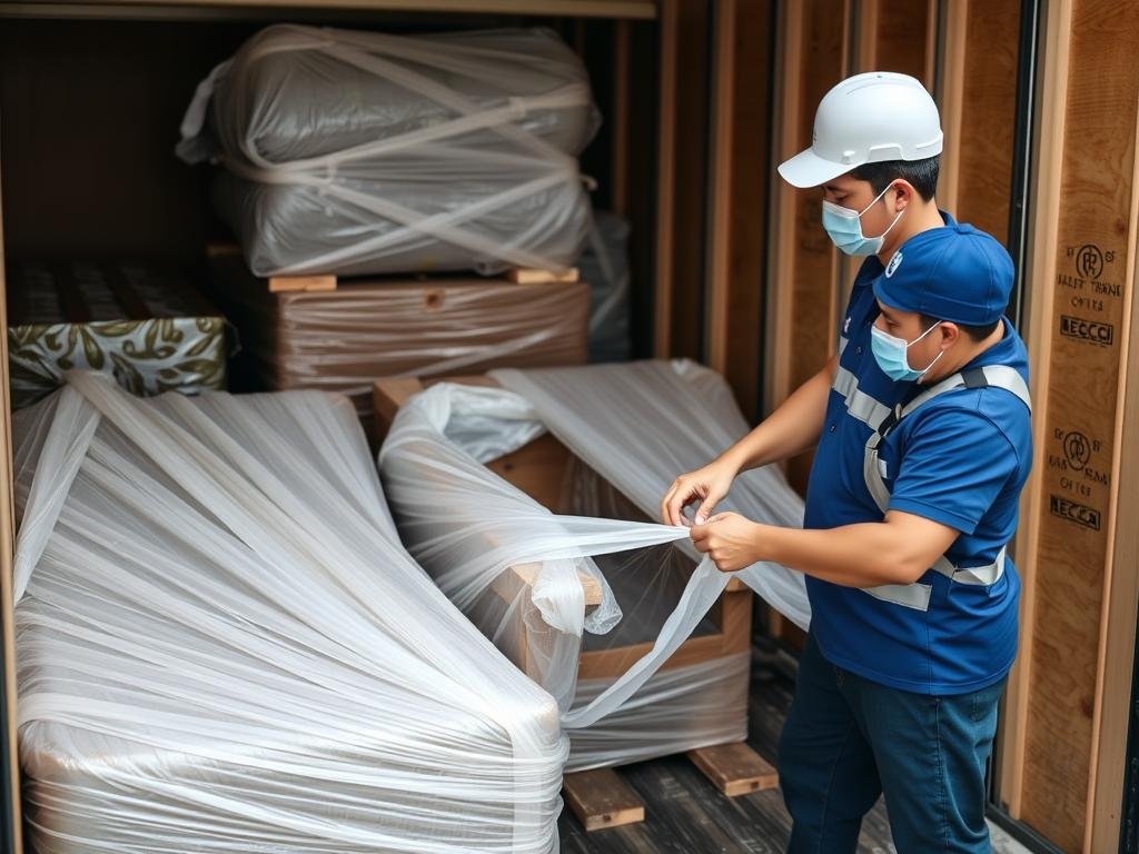 فريق نقل عفش من مكة إلى الكامل يقوم بتغليف الأثاث بعناية