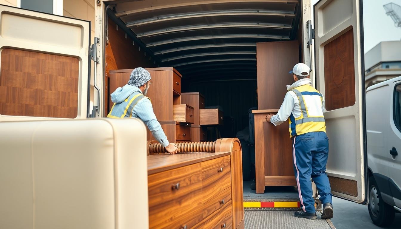 فريق نقل عفش من مكة إلى حي السلامة جدة يقوم بتحميل الأثاث بطريقة احترافية