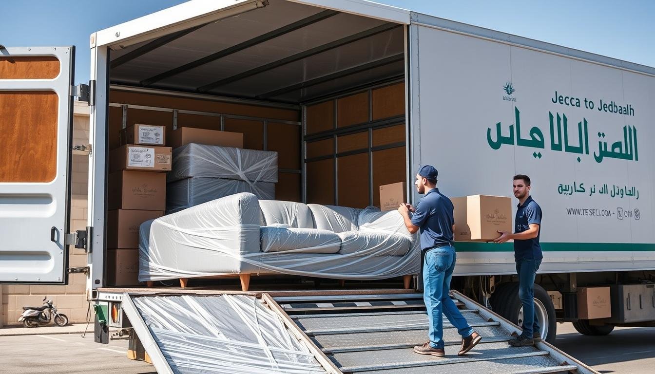 فريق نقل عفش من مكة إلى حي العزيزية جدة يقوم بتحميل الأثاث