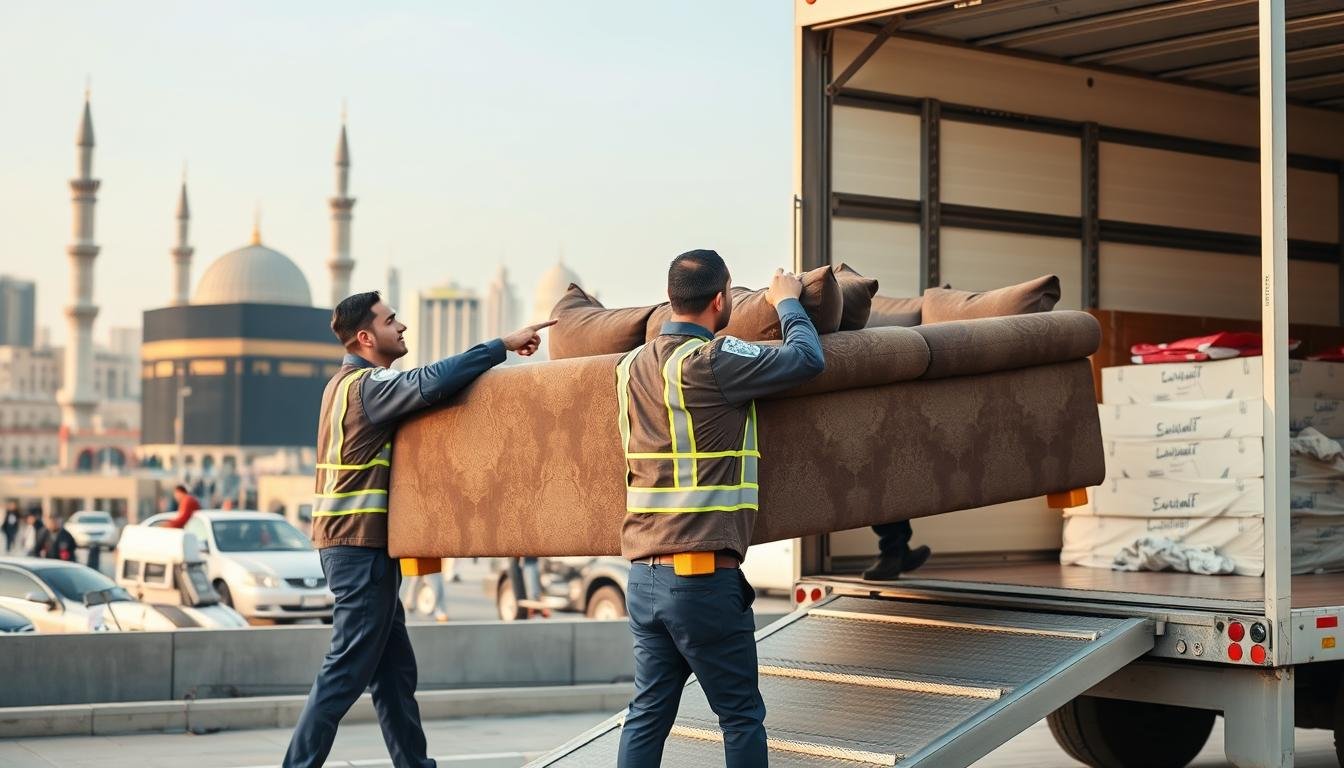 فريق نقل عفش من مكة إلى حي الكندرة جدة يقوم بتحميل الأثاث بطريقة احترافية