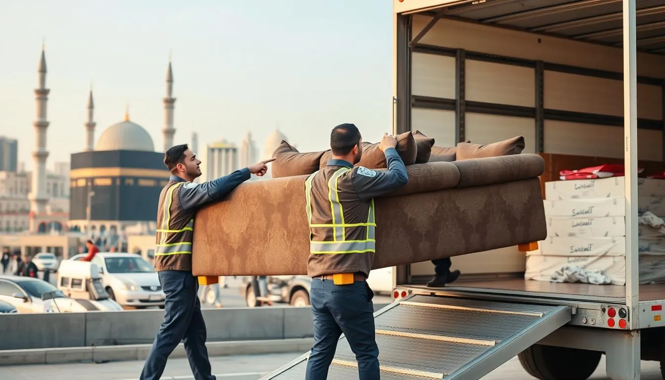 فريق نقل عفش من مكة إلى حي الكندرة جدة يقوم بتحميل الأثاث بطريقة احترافية