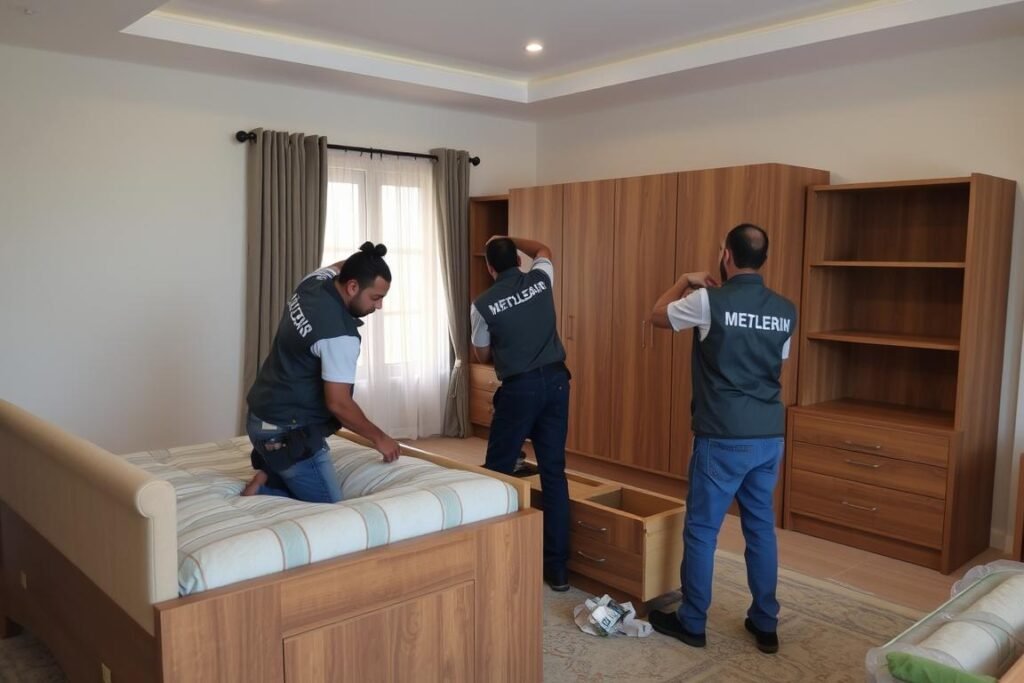 فريق نقل عفش يقوم بتركيب الأثاث في منزل بحي الزهراء جدة