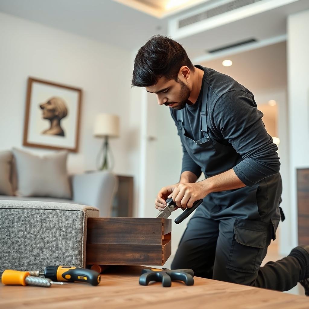 فني متخصص يقوم بفك قطع الأثاث بدقة استعداداً للنقل