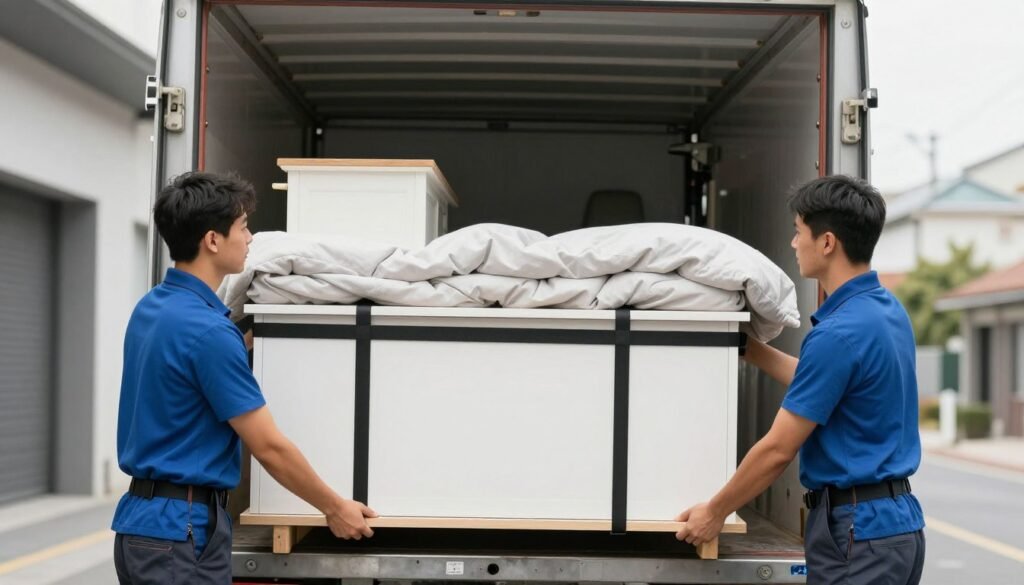 تحميل الأثاث بطريقة منظمة داخل سيارة نقل تحميل الأثاث بطريقة منظمة داخل سيارة نقل