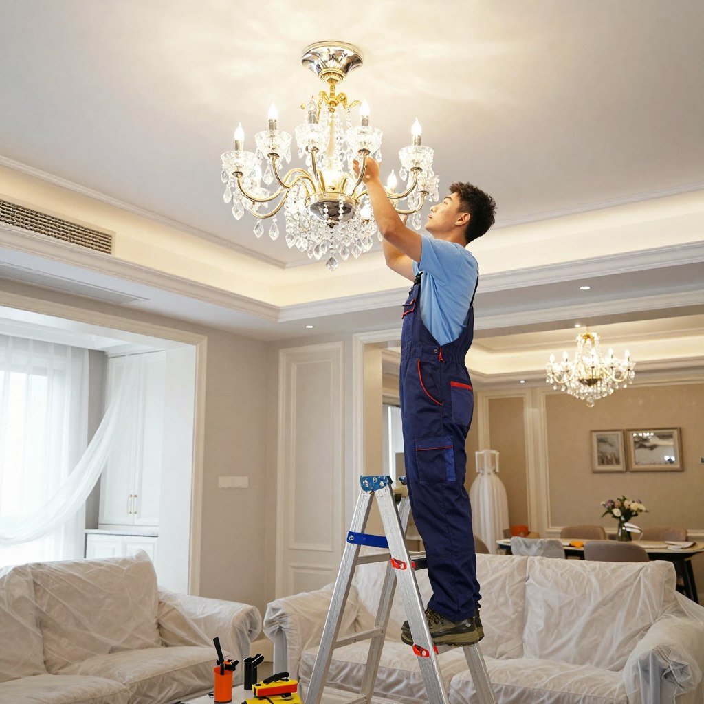 تركيب ثريا فاخرة في سقف منزل