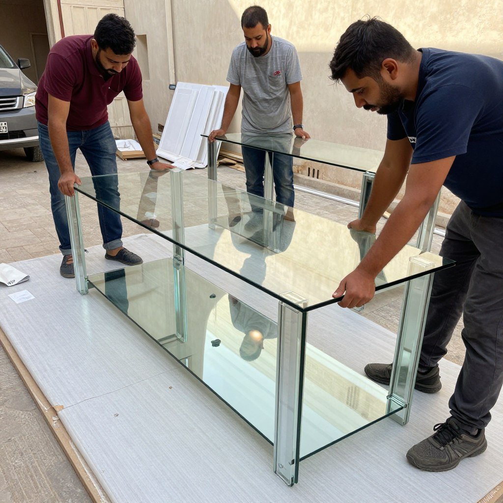 حماية خاصة للقطع الزجاجية أثناء نقل العفش في حي مشرفة جدة