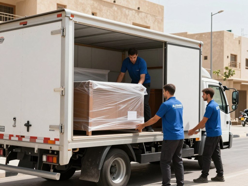 سيارة نقل عفش مجهزة في حي البوادي جدة مع فريق العمل